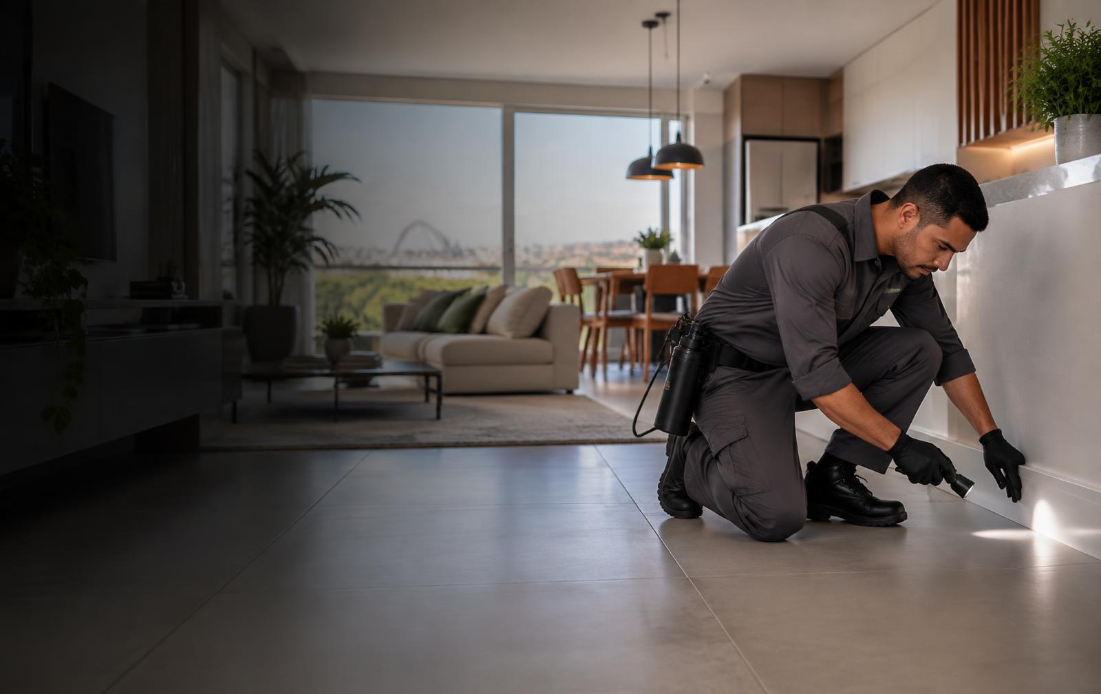 Técnico realizando inspeção profissional em uma residência de Brasília